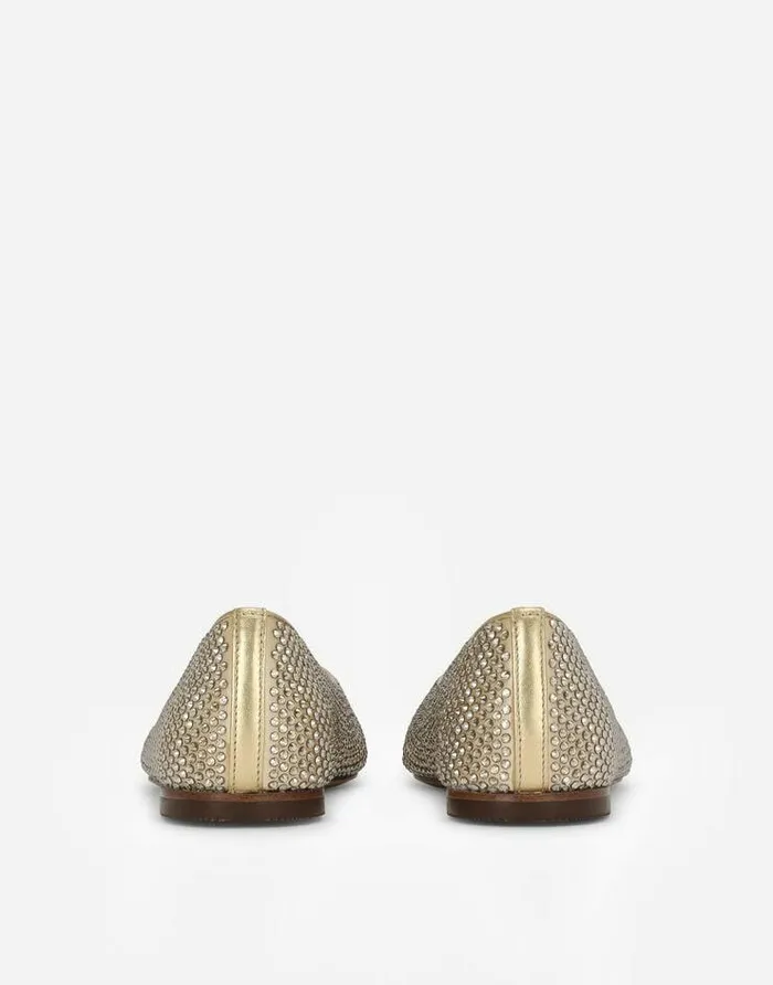 Dolce and Gabbana Shoes 2438 Children Satin DG Logo Ballet Flats With Fusible Rhinestones Gold