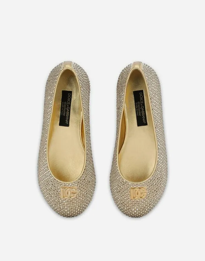Dolce and Gabbana Shoes 2438 Children Satin DG Logo Ballet Flats With Fusible Rhinestones Gold