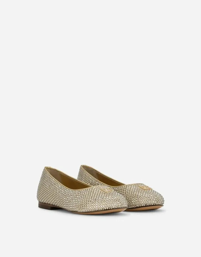 Dolce and Gabbana Shoes 2438 Children Satin DG Logo Ballet Flats With Fusible Rhinestones Gold