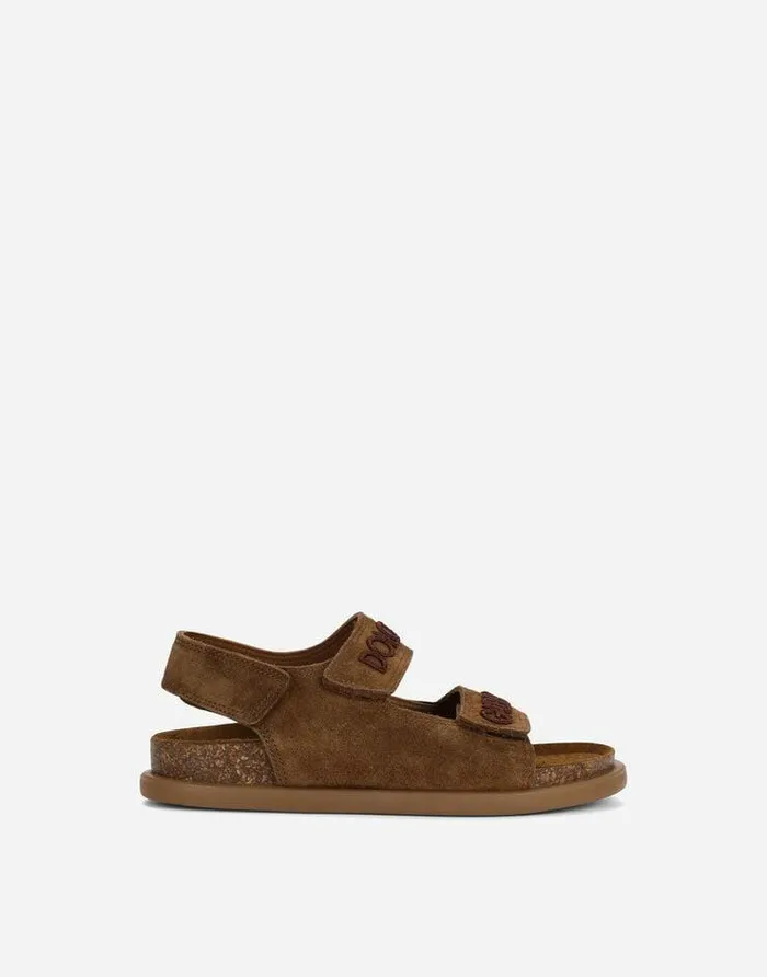 Dolce and Gabbana Shoes 2438 Children Split Leather Sandals With Logo Embroidery Brown