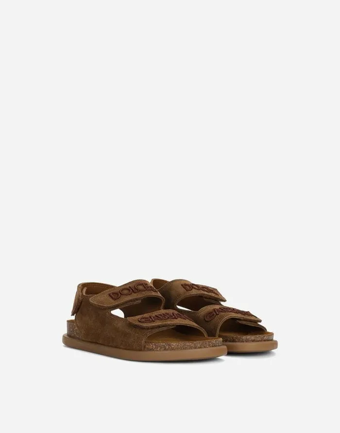 Dolce and Gabbana Shoes 2438 Children Split Leather Sandals With Logo Embroidery Brown Dolce and Gabbana Shoes 2438 Children Split Leather Sandals With Logo Embroidery Brown
