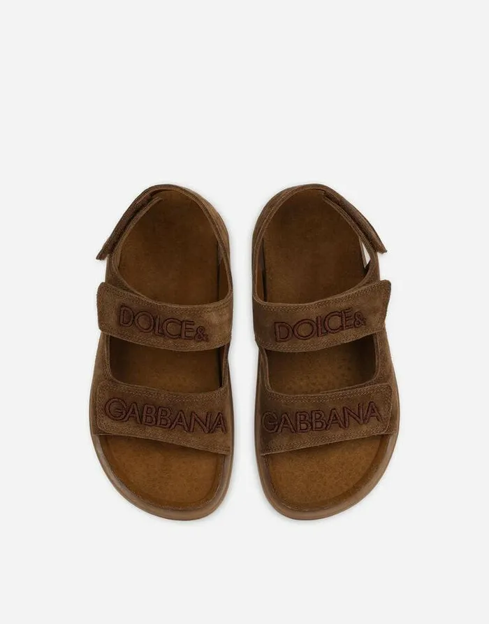 Dolce and Gabbana Shoes 2438 Children Split Leather Sandals With Logo Embroidery Brown Dolce and Gabbana Shoes 2438 Children Split Leather Sandals With Logo Embroidery Brown