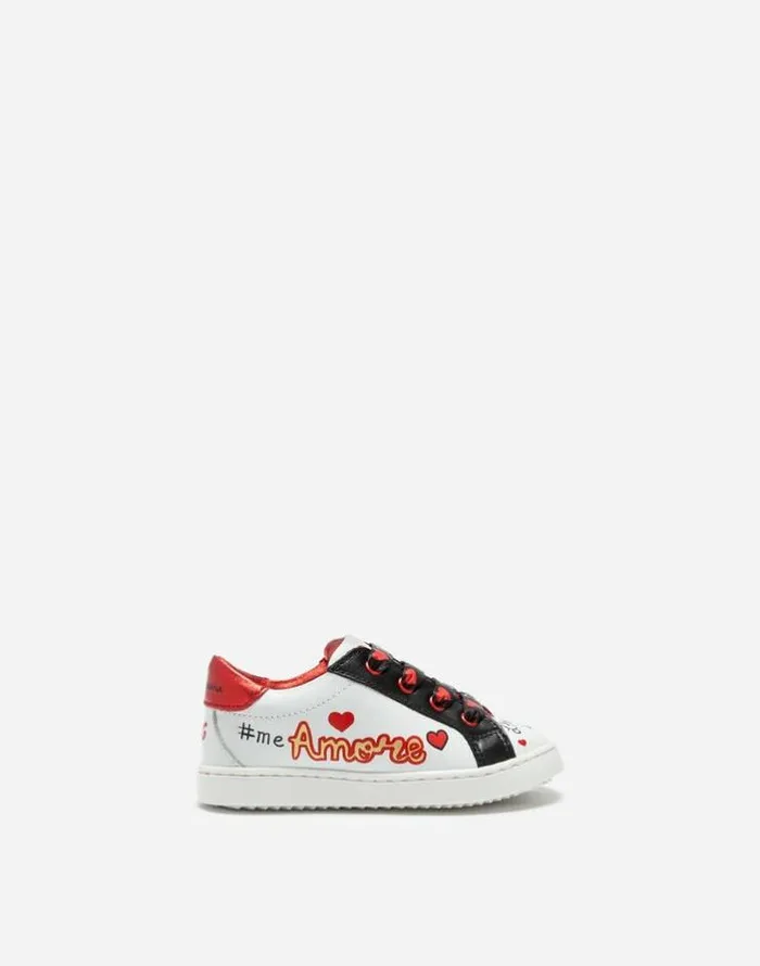 Dolce and Gabbana Shoes For First Steps 1926 Children Calfskin Sneakers With DG Amore Logo White Dolce and Gabbana Shoes For First Steps 1926 Children Calfskin Sneakers With DG Amore Logo White