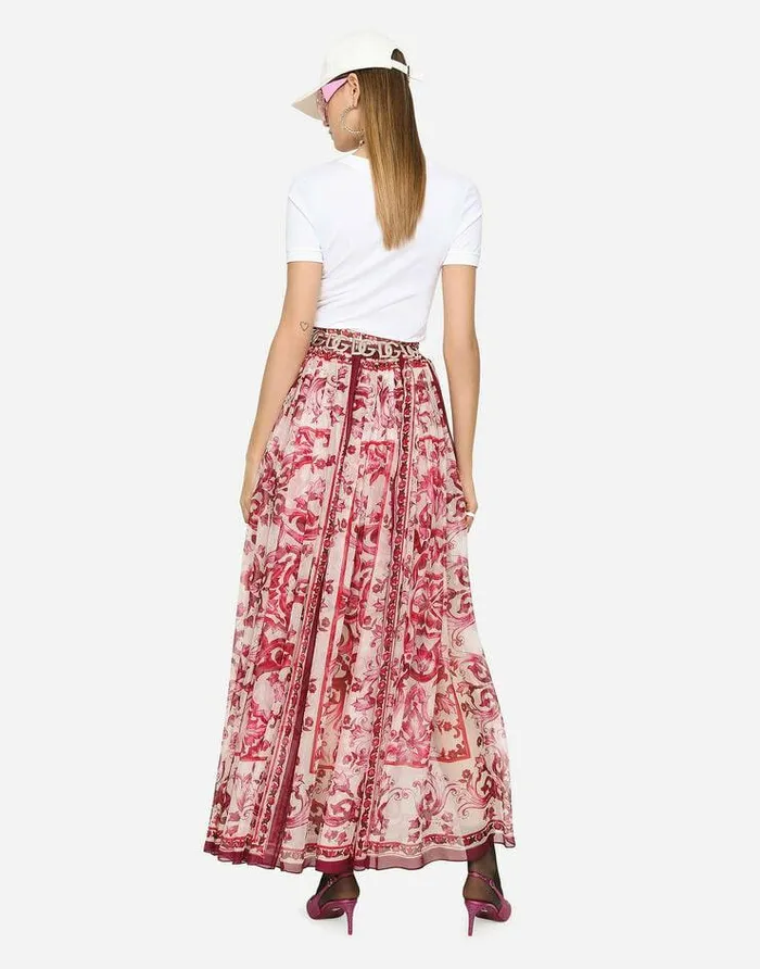 Dolce and Gabbana Skirts Women Long Majolicaprint Chiffon Skirt Multicolor Dolce and Gabbana Skirts Women Long Majolicaprint Chiffon Skirt Multicolor