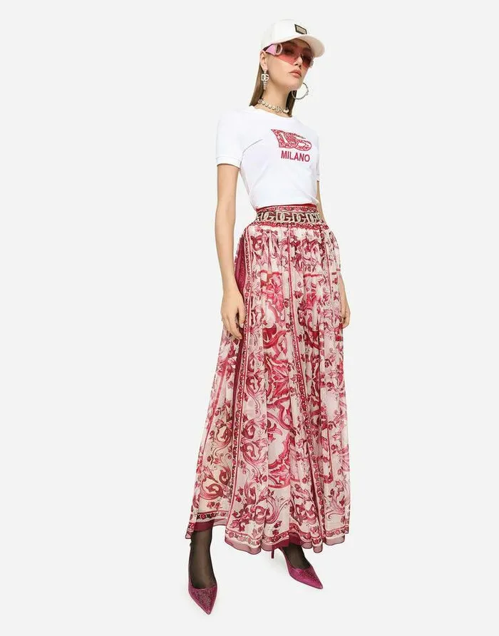Dolce and Gabbana Skirts Women Long Majolicaprint Chiffon Skirt Multicolor Dolce and Gabbana Skirts Women Long Majolicaprint Chiffon Skirt Multicolor
