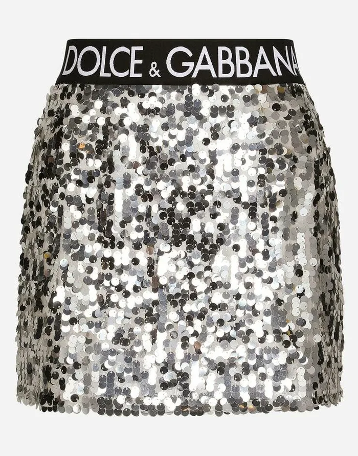 Dolce and Gabbana Skirts Women Sequined Miniskirt With Branded Elastic Silver