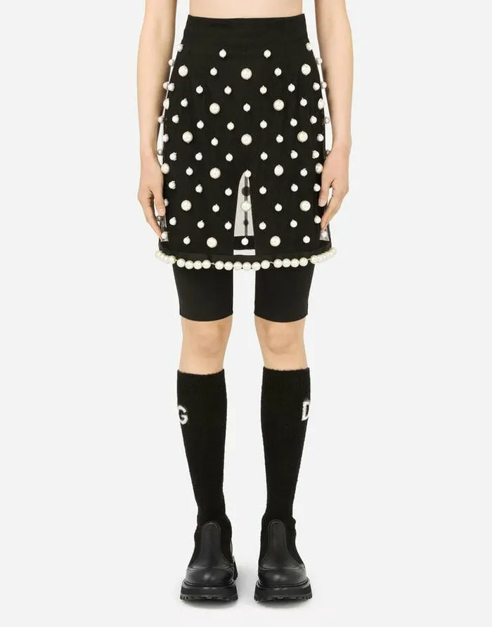 Dolce and Gabbana Skirts Women Short Tulle Skirt With Pearl Embellishment Black Dolce and Gabbana Skirts Women Short Tulle Skirt With Pearl Embellishment Black