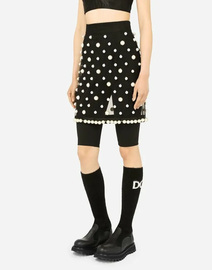 Dolce and Gabbana Skirts Women Short Tulle Skirt With Pearl Embellishment Black Dolce and Gabbana Skirts Women Short Tulle Skirt With Pearl Embellishment Black