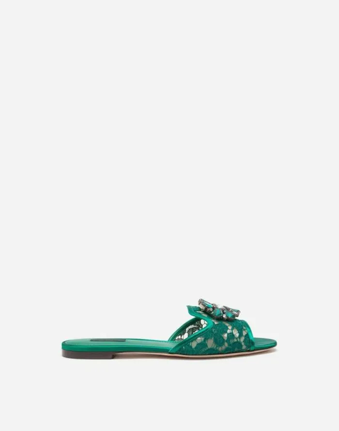 Dolce and Gabbana Slides And Mules Women Lace Rainbow Slides With Brooch Detailing Green