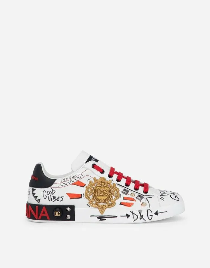 Dolce and Gabbana Sneakers Men Calfskin Portofino Sneakers With Embroidery And Studs Multicolor