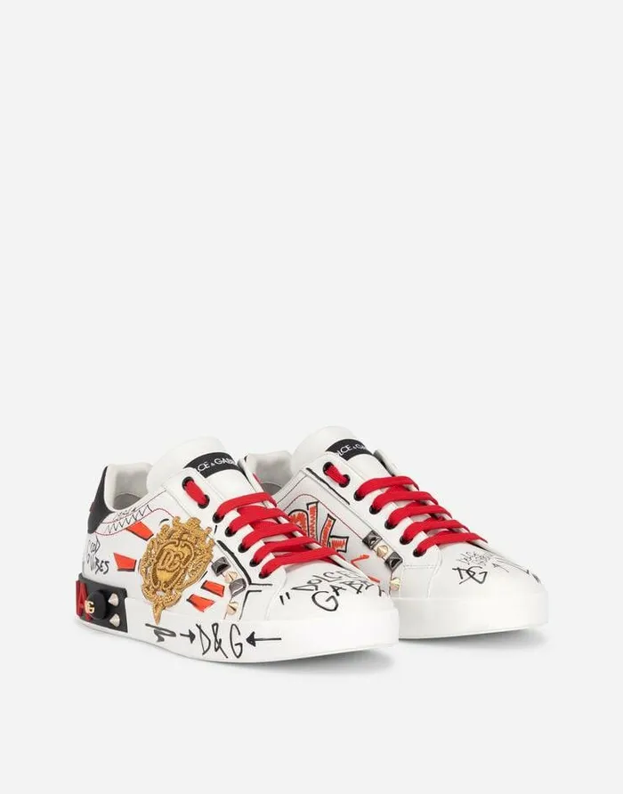 Dolce and Gabbana Sneakers Men Calfskin Portofino Sneakers With Embroidery And Studs Multicolor Dolce and Gabbana Sneakers Men Calfskin Portofino Sneakers With Embroidery And Studs Multicolor