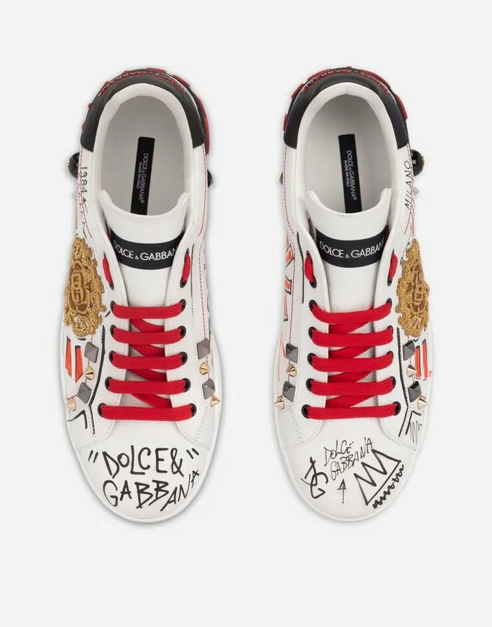 Dolce and Gabbana Sneakers Men Calfskin Portofino Sneakers With Embroidery And Studs Multicolor Dolce and Gabbana Sneakers Men Calfskin Portofino Sneakers With Embroidery And Studs Multicolor