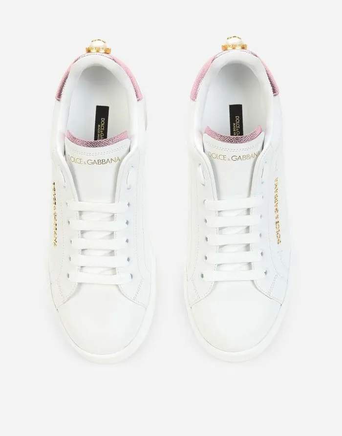 Dolce and Gabbana Sneakers Women Portofino Sneakers In Nappa Calfskin With Lettering Whitepink Dolce and Gabbana Sneakers Women Portofino Sneakers In Nappa Calfskin With Lettering Whitepink