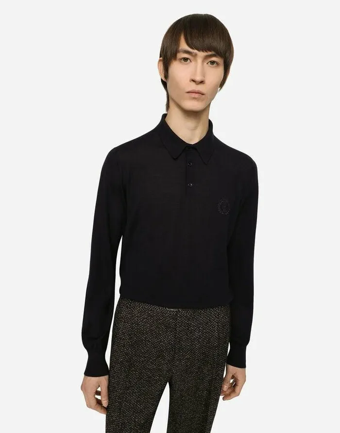 Dolce and Gabbana Sweaters And Cardigans Men Cashmere Polostyle Sweater With DG Logo Embroidery Blue Dolce and Gabbana Sweaters And Cardigans Men Cashmere Polostyle Sweater With DG Logo Embroidery Blue