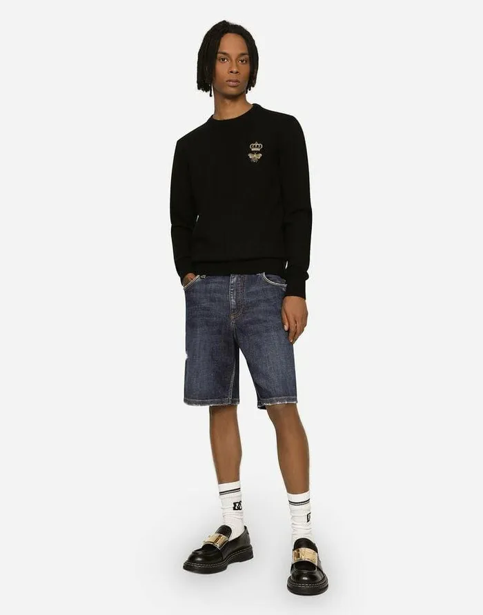 Dolce and Gabbana Sweaters And Cardigans Men Roundneck Wool Sweater With Embroidery Black Dolce and Gabbana Sweaters And Cardigans Men Roundneck Wool Sweater With Embroidery Black