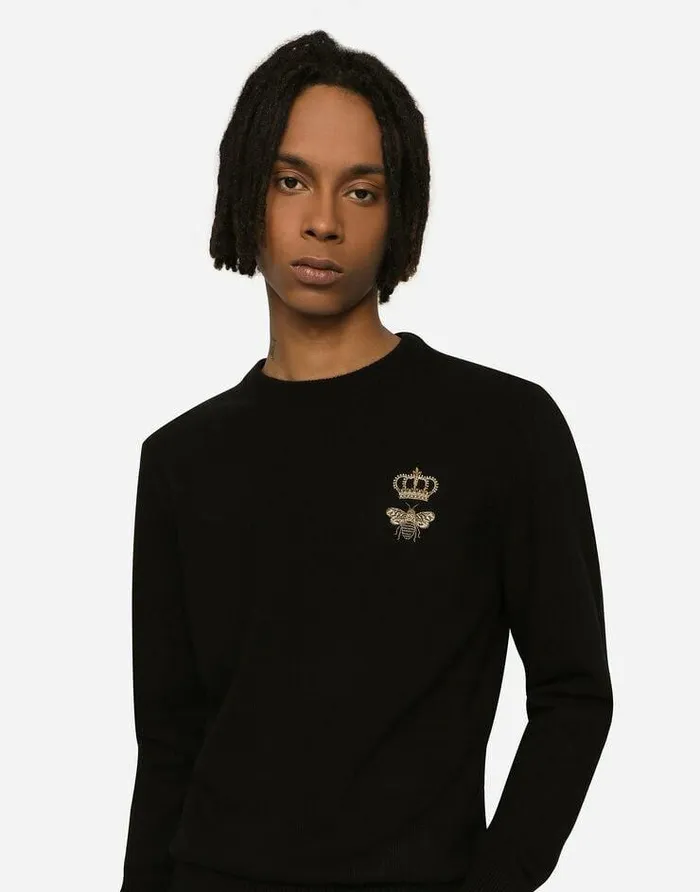 Dolce and Gabbana Sweaters And Cardigans Men Roundneck Wool Sweater With Embroidery Black Dolce and Gabbana Sweaters And Cardigans Men Roundneck Wool Sweater With Embroidery Black