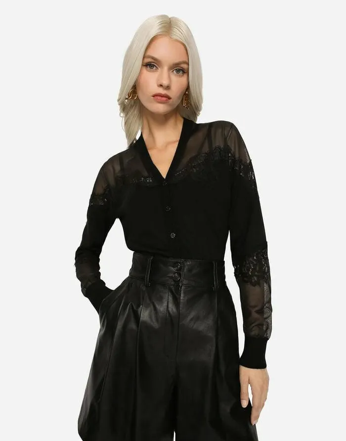 Dolce and Gabbana Sweaters And Cardigans Women Cashmere Tulle And Silk Cardigan With Lace Black Dolce and Gabbana Sweaters And Cardigans Women Cashmere Tulle And Silk Cardigan With Lace Black