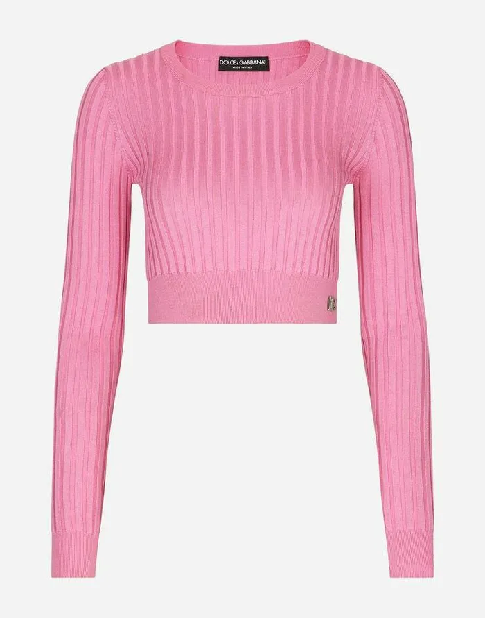 Dolce and Gabbana Sweaters And Cardigans Women Cropped Sweater In Ribbed Silk Pink