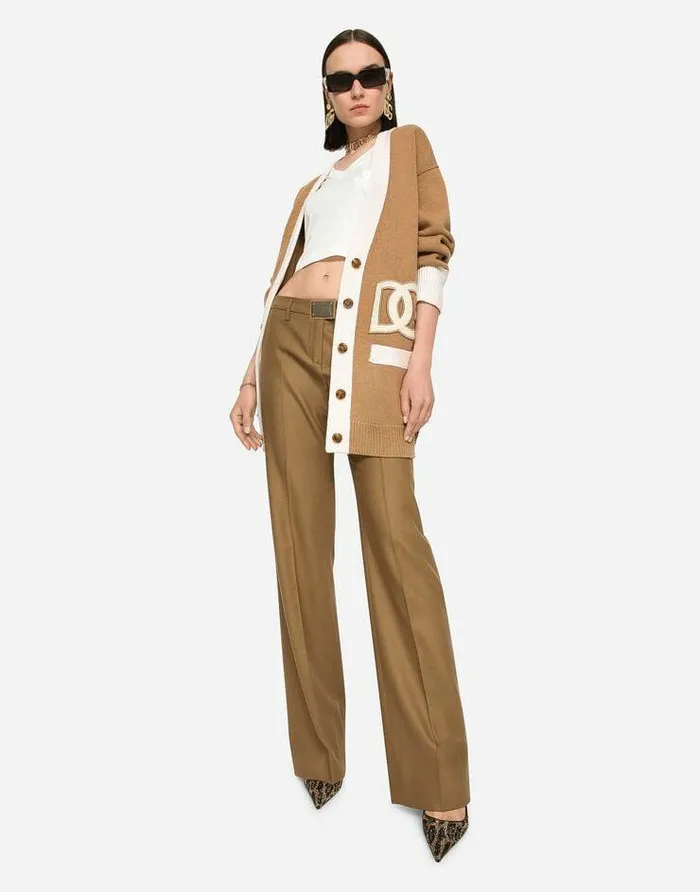 Dolce and Gabbana Sweaters And Cardigans Women Long Wool Cardigan With Embroidered DG Patch Multicolor