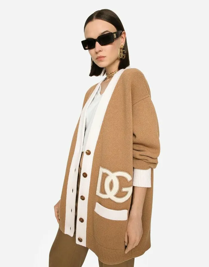 Dolce and Gabbana Sweaters And Cardigans Women Long Wool Cardigan With Embroidered DG Patch Multicolor