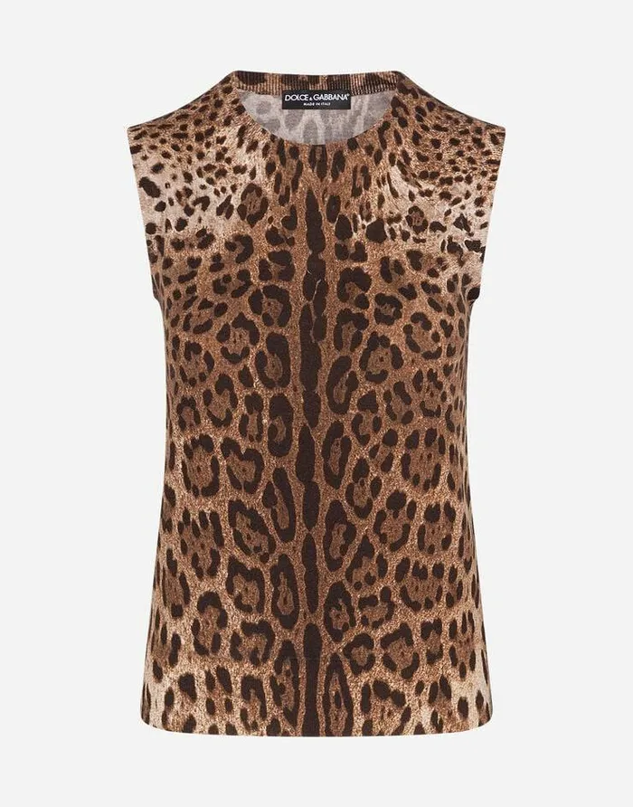 Dolce and Gabbana Sweaters And Cardigans Women Sleeveless Wool Sweater With Leopard Print Multicolor