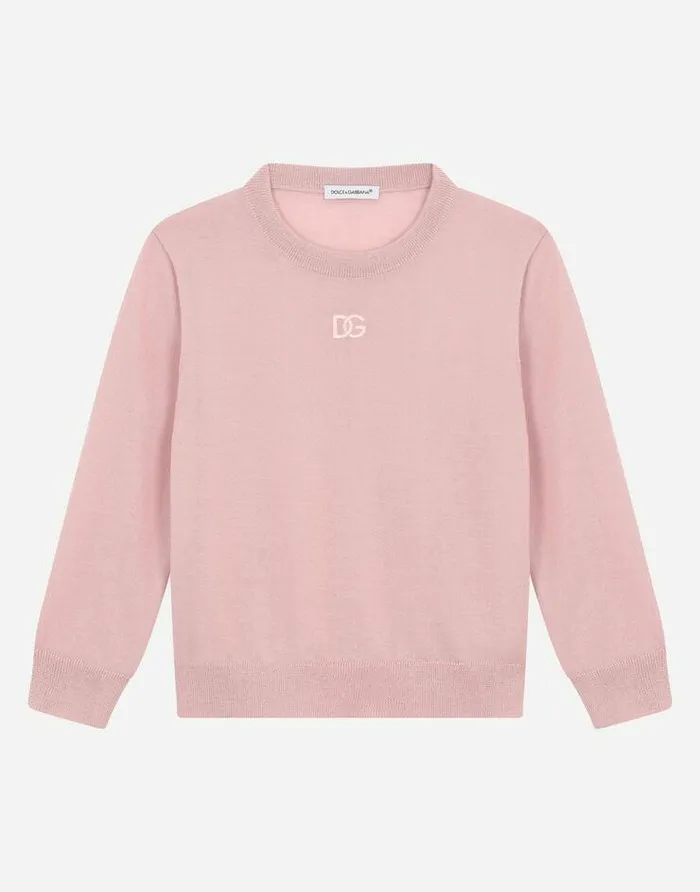 Dolce and Gabbana Sweaters Children Cashmere Roundneck Sweater With DG Logo Embroidery Pink