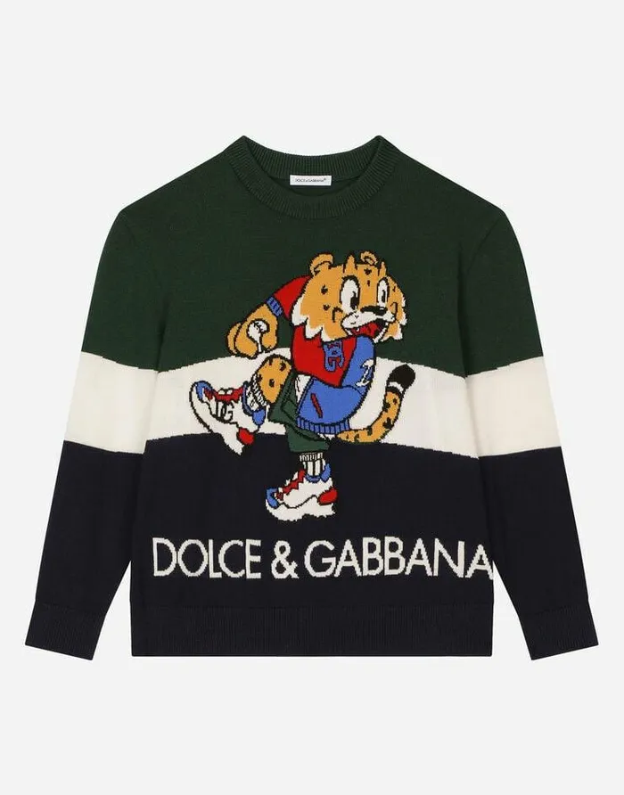 Dolce and Gabbana Sweaters Children Wool Jacquard Sweater With Mascot Design Multicolor