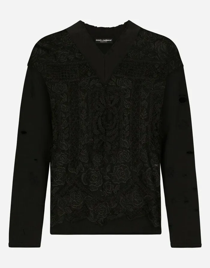 Dolce and Gabbana Sweatshirts Men Embroidered Tulle And Jersey Sweatshirt Black Dolce and Gabbana Sweatshirts Men Embroidered Tulle And Jersey Sweatshirt Black