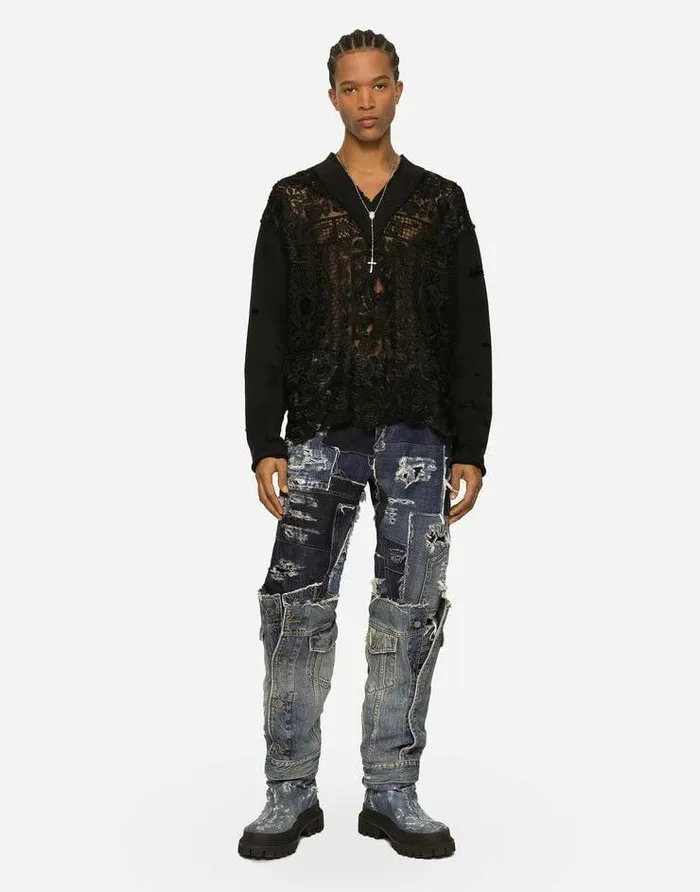 Dolce and Gabbana Sweatshirts Men Embroidered Tulle And Jersey Sweatshirt Black Dolce and Gabbana Sweatshirts Men Embroidered Tulle And Jersey Sweatshirt Black