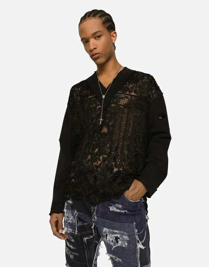 Dolce and Gabbana Sweatshirts Men Embroidered Tulle And Jersey Sweatshirt Black Dolce and Gabbana Sweatshirts Men Embroidered Tulle And Jersey Sweatshirt Black