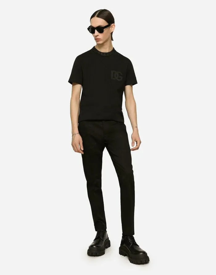 Dolce and Gabbana TShirts And Polos Men Cotton Roundneck Tshirt With DG Embroidery Black Dolce and Gabbana TShirts And Polos Men Cotton Roundneck Tshirt With DG Embroidery Black