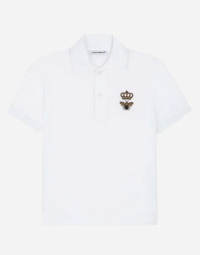 Dolce and Gabbana TShirts And Sweatshirts Children Cotton Piqu Poloshirt With Crown And Bee Embroidery White Dolce and Gabbana TShirts And Sweatshirts Children Cotton Piqu Poloshirt With Crown And Bee Embroidery White