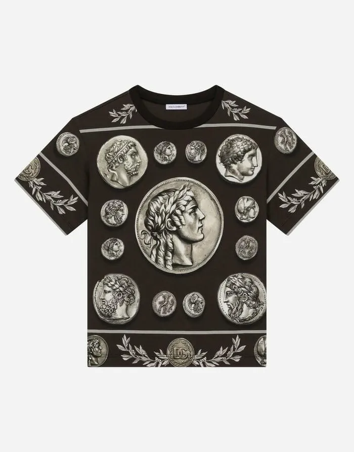 Dolce and Gabbana TShirts And Sweatshirts Children Shortsleeved Jersey Tshirt With Allover Coin Print Brown Dolce and Gabbana TShirts And Sweatshirts Children Shortsleeved Jersey Tshirt With Allover Coin Print Brown