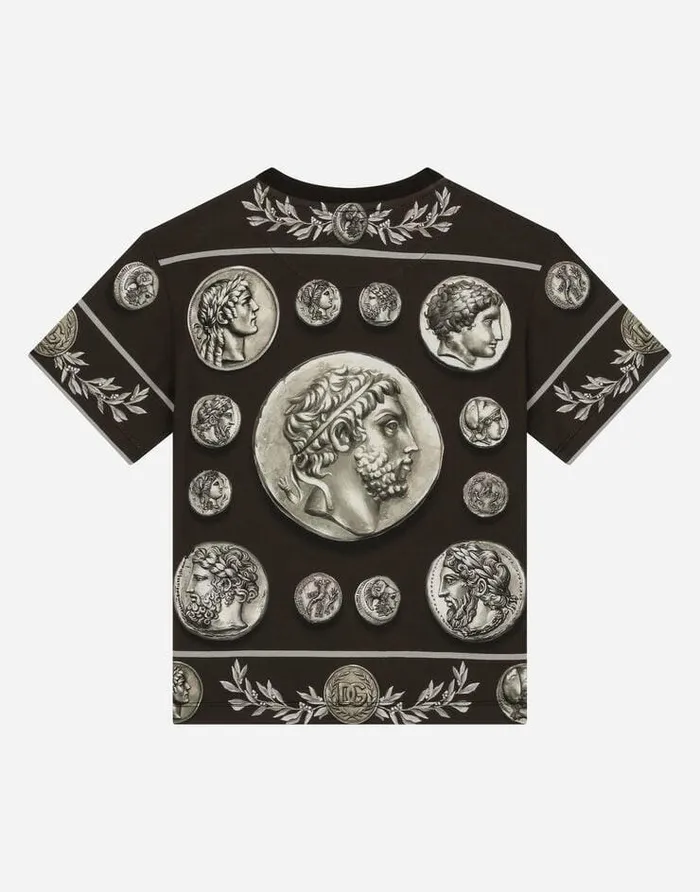 Dolce and Gabbana TShirts And Sweatshirts Children Shortsleeved Jersey Tshirt With Allover Coin Print Brown