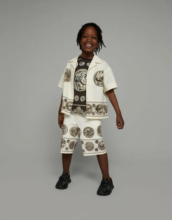 Dolce and Gabbana TShirts And Sweatshirts Children Shortsleeved Jersey Tshirt With Allover Coin Print Brown