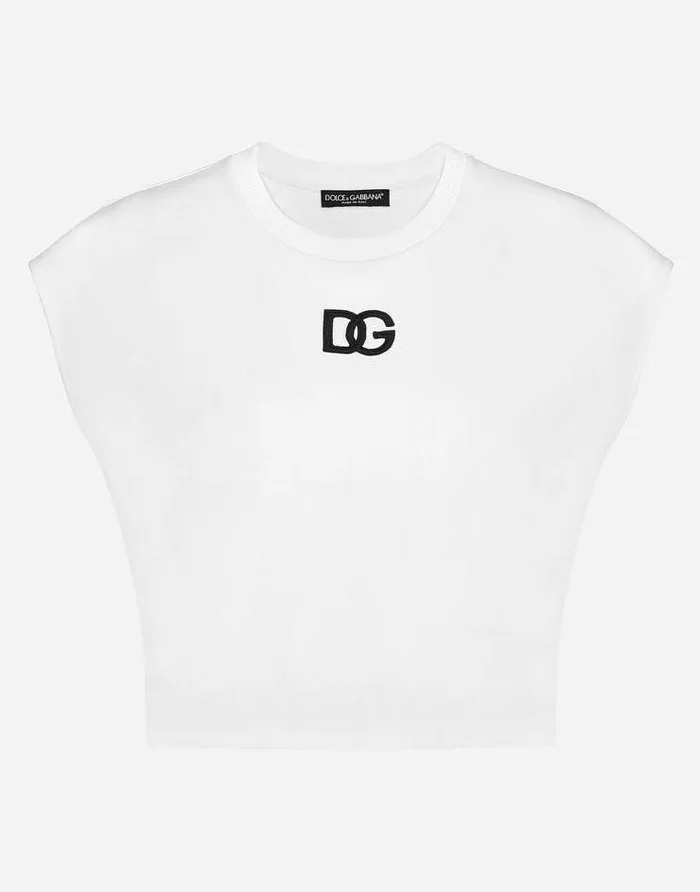 Dolce and Gabbana TShirts And Sweatshirts Women Cropped Jersey Tshirt With DG Logo Patch White Dolce and Gabbana TShirts And Sweatshirts Women Cropped Jersey Tshirt With DG Logo Patch White