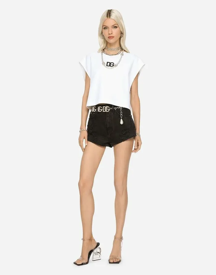 Dolce and Gabbana TShirts And Sweatshirts Women Cropped Jersey Tshirt With DG Logo Patch White Dolce and Gabbana TShirts And Sweatshirts Women Cropped Jersey Tshirt With DG Logo Patch White