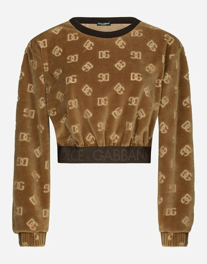 Dolce and Gabbana TShirts And Sweatshirts Women Short Chenille Sweatshirt With Jacquard DG Logo Beige Dolce and Gabbana TShirts And Sweatshirts Women Short Chenille Sweatshirt With Jacquard DG Logo Beige
