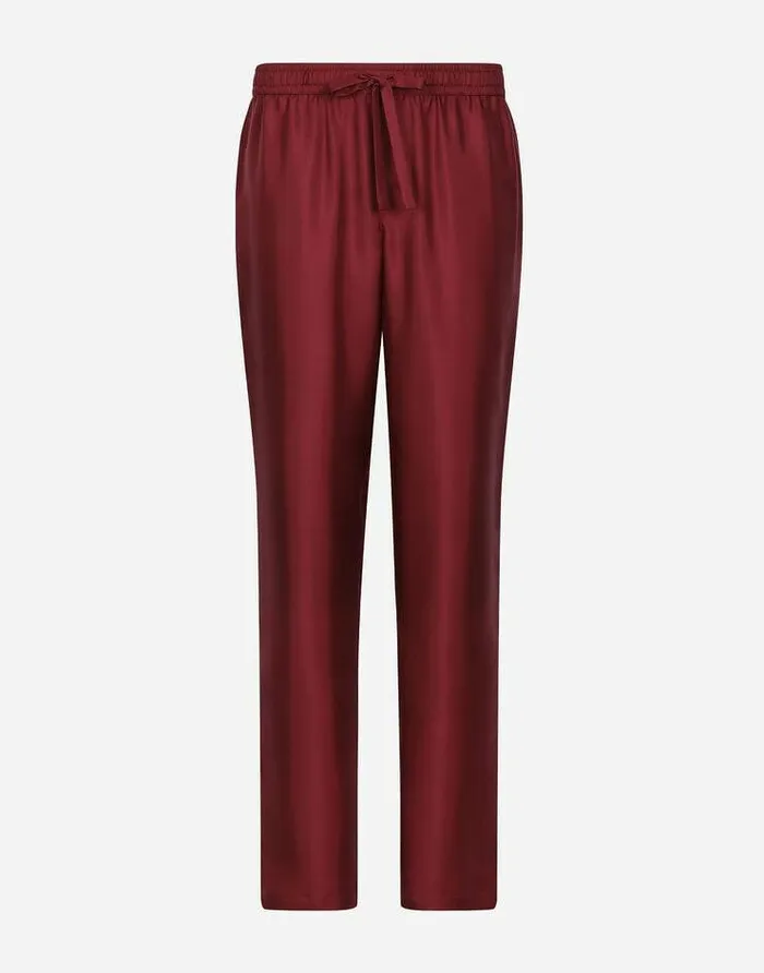 Dolce and Gabbana Trousers And Shorts Men Silk Jogging Pants With DG Embroidered Patch Bordeaux Dolce and Gabbana Trousers And Shorts Men Silk Jogging Pants With DG Embroidered Patch Bordeaux