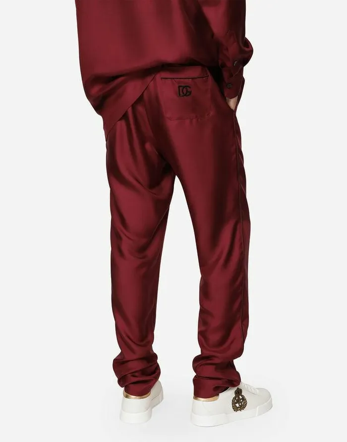 Dolce and Gabbana Trousers And Shorts Men Silk Jogging Pants With DG Embroidered Patch Bordeaux