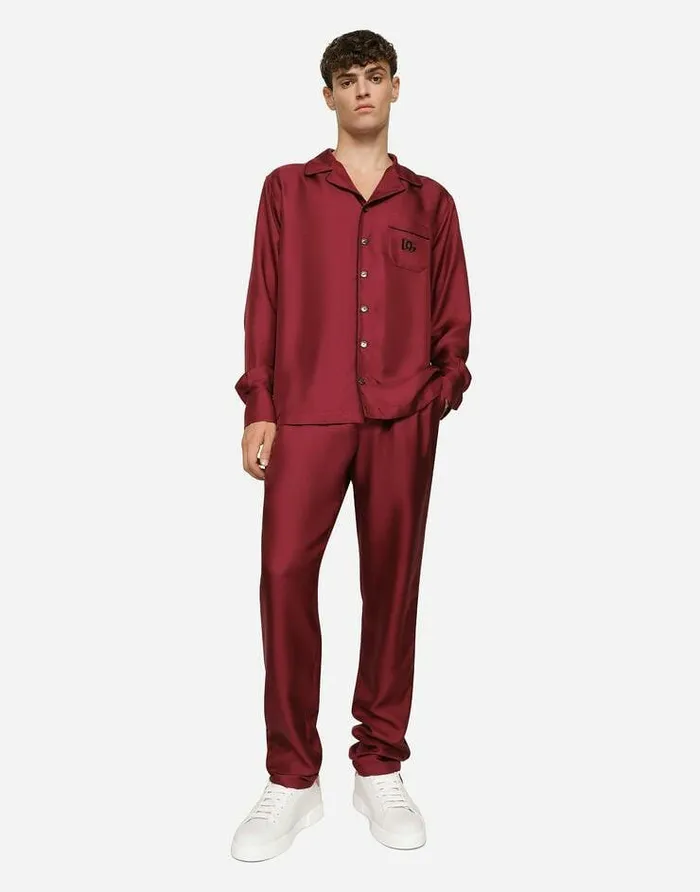 Dolce and Gabbana Trousers And Shorts Men Silk Jogging Pants With DG Embroidered Patch Bordeaux