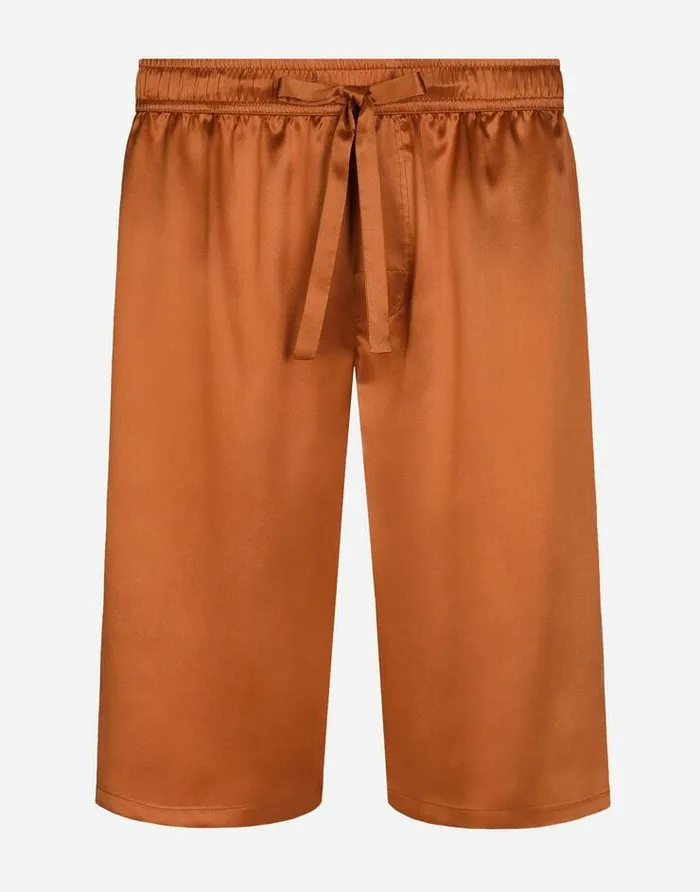 Dolce and Gabbana Trousers And Shorts Men Silk Satin Jogging Shorts With Metal DG Logo Beige