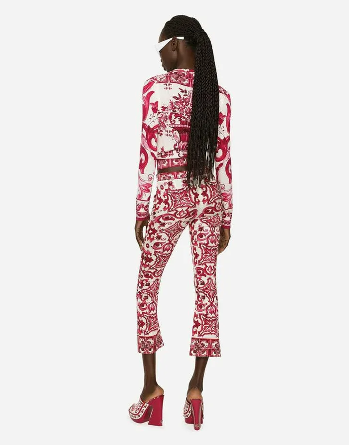 Dolce and Gabbana Trousers And Shorts Women Flared Trumpetleg Charmeuse Pants With Majolica Print Multicolor Dolce and Gabbana Trousers And Shorts Women Flared Trumpetleg Charmeuse Pants With Majolica Print Multicolor