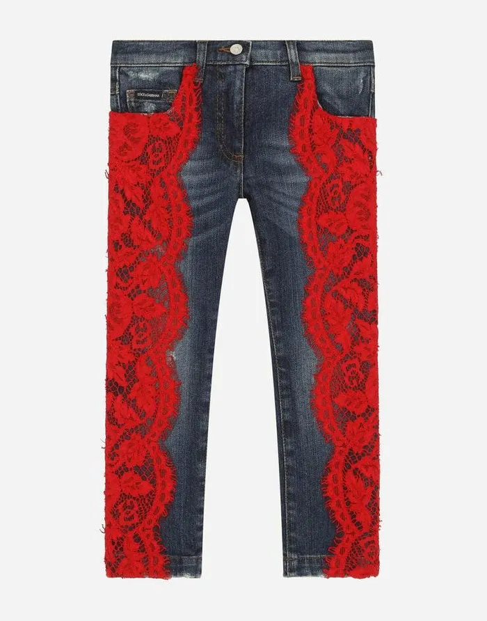 Dolce and Gabbana Trousers And Skirts Children Stretch Denim Jeans With Lace Bands Multicolor Dolce and Gabbana Trousers And Skirts Children Stretch Denim Jeans With Lace Bands Multicolor