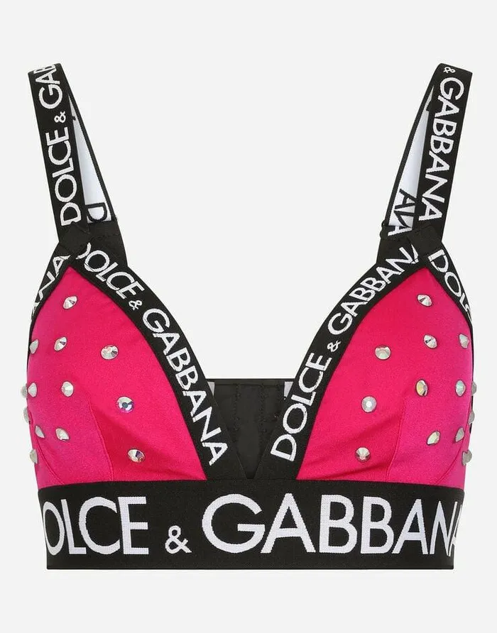 Dolce and Gabbana Underwear Women Spandex Triangle Bra With Rhinestones And Branded Elastic Fuchsia Dolce and Gabbana Underwear Women Spandex Triangle Bra With Rhinestones And Branded Elastic Fuchsia