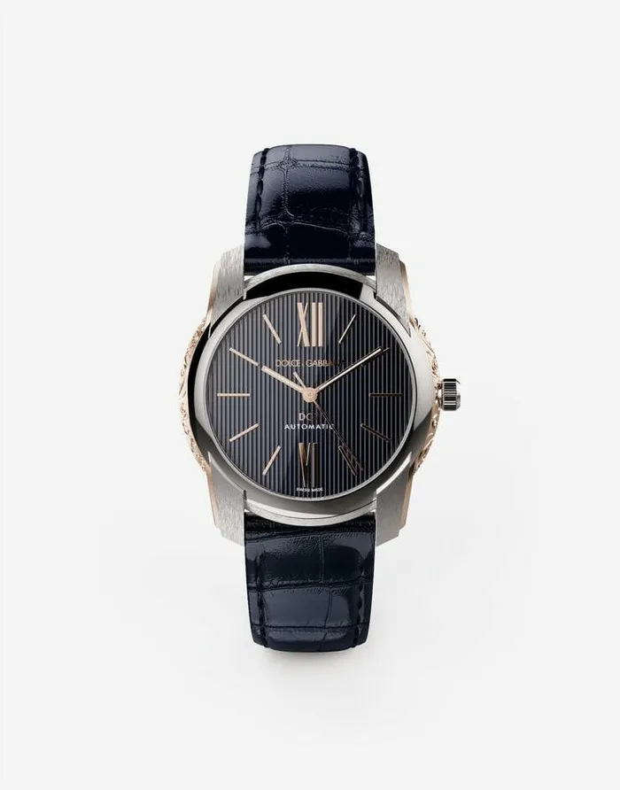 Dolce and Gabbana Watches Men DG7 Watch In Steel With Engraved Side Decoration In Gold Blue Dolce and Gabbana Watches Men DG7 Watch In Steel With Engraved Side Decoration In Gold Blue