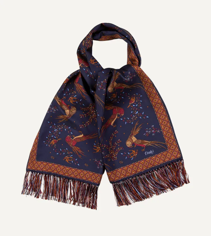 Drake039s Navy Birds Of Paradise Print Tubular Silk Tasselled Scarf 8211 Accessories Drake039s Navy Birds Of Paradise Print Tubular Silk Tasselled Scarf 8211 Accessories