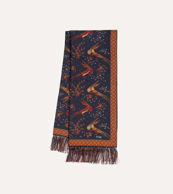 Drake039s Navy Birds Of Paradise Print Tubular Silk Tasselled Scarf 8211 Accessories