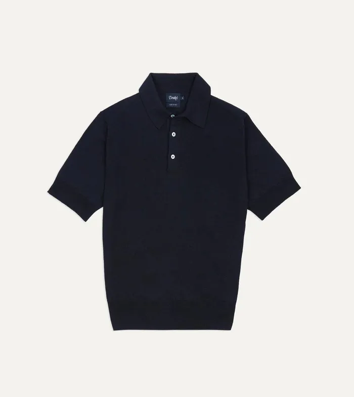 Drake039s Navy Knitted LinenCotton ShortSleeve Polo Shirt 8211 Clothing