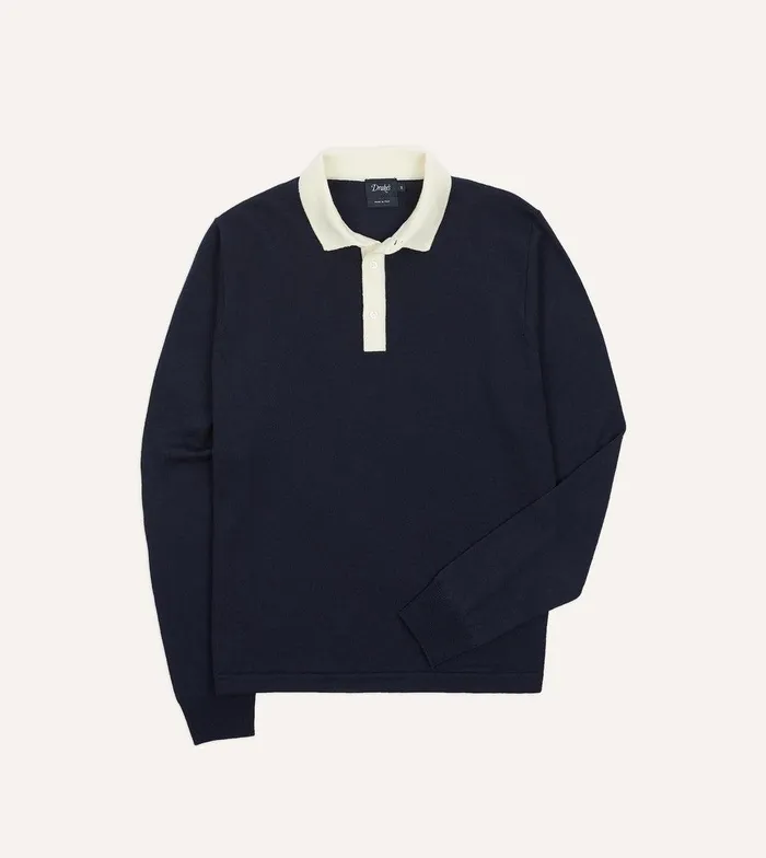 Drake039s Navy Merino Wool Knitted Rugby Shirt 8211 ClothingShirts